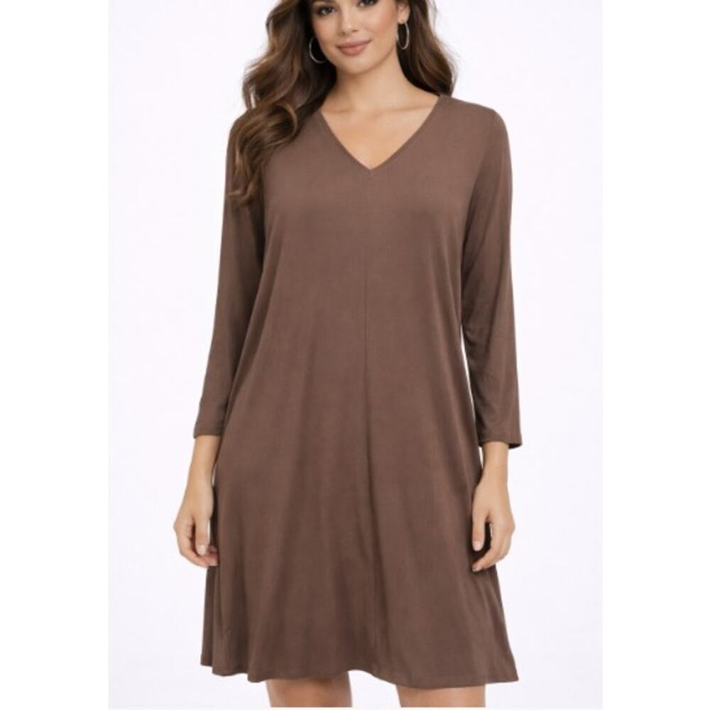 Eileen Fisher Dress XS Chocolate Brown Jersey Knit Stretch Minimalist‎ Timeless
